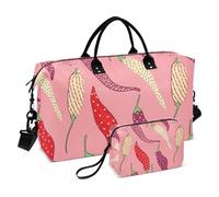 Cartoon Pepper Dot Pink Travel Duffel Bag & Cosmetic Pouch Set, Aesthetic Women Overnight Carry on Bags Sports Duffle Bag