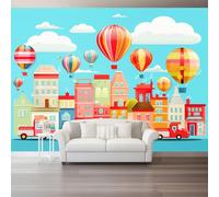 Cartoon Photo Mural Wallpaper Blue Buildings Hot Air Balloons Photo Wallpaper 3D Effect, 300 x 210 cm Non-Woven Wall Mural Home Bedroom Living Room Tv Background Poster Decoration