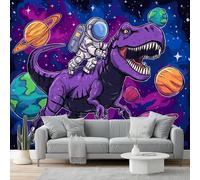 Cartoon Photo Wallpaper 200 X 140 Cm - Non-Woven Premium Art Print Fleece Wall Mural Decoration Poster Picture Design Modern - Purple Astronaut Dinosaur for Kids Bedroom Living Room