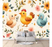Cartoon Photo Wallpaper Cute Animal Chicken, Flowers Wall Paper 250 × 175 cm / 98.4" × 68.8" - Non-Woven Mural, Art Print Wall Mural Decoration Poster Picture Design Modern 3D Effect