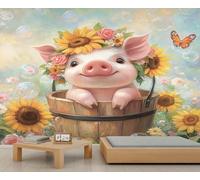 Cartoon Pig Animal Mural Cute Pig Mural Child's Bedroom Wall Murals Sunflower Butterfly Flower Murals Not Peel and Stick Wallpaper for Kids Room Playroom 430 x 300 cm