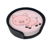 Cartoon Pig Coasters For Drinks, 6 Pcs Leather Coaster With Holder, Round Cup Mat Pad Set For Home Office Table Decoration