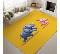 Cartoon Pig Rhinoceros Chasing Machine Washable Rugs Living Room 60 x 90 cm Rhinoceros Chasing Rugs for Bedroom, Yellow Area Rug for Various Room Lounge Short Pile Floor Carpe