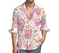 Cartoon Pigs Faces Swirls Pattern Mens Shirts Long Sleeve Hawaiian Shirt Button Down Summer Tops 6XL