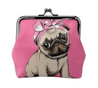 Cartoon Pink Bow Pug, PU Leather Coin Purse, Small Wallets, Change Pouch with Kiss Lock Clasp Buckle, Change Purse