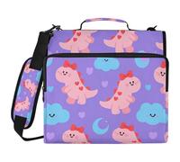 Cartoon Pink Dinosaurs Purple 3 Ringing Zip Up Binder with Shoulder Strap & Handle Includes Zip Pocket Portable Portfolio for Middle Student