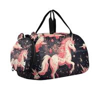 Cartoon Pink Sacred Unicorns Clouds Duffel Bag with Shoes Compartment Multifunctional Overnight Weekender Carry On Travel Bag for School Practice, Sports, Travel