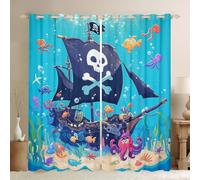 Cartoon Pirate Boat Blackout Curtains Cute Octopus Ocean Fish Window Treatments Funny Undersea World Window Drapes for Kids Watercolor Seaweed Grommet Top 2 Panel Set Bedroom Curtains,46Wx54L inch