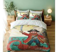 Cartoon Pirate Ship Bedding Set, Nautical Sea Adventure Duvet Cover for Kids, Single Double King Size Selection, 3-Piece (04,King + 50 x 75cm x2)