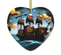 Cartoon Pirate Ship Ceramic Christmas Heart Pendant, The Pottery Piece is Available with Silk Thread
