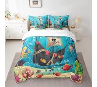 Cartoon Pirate Ship Comforter Set Queen Size,Marine Adventure Bed Set 7pcs with Comforter,Fitted Sheet,Flat Sheet,2 Pillowcases and 2 Throw Pillow Covers,Underwater Fish Bedding for Kids