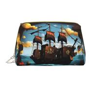Cartoon Pirate Ship Leather Cosmetic Bag, Waterproof Cute Travel Toiletry Zipper Bag, Women's Cosmetic Storage Bag Set, Brown