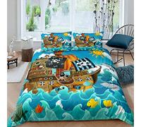 Cartoon Pirate Ship Pattern Blue Sea Decor Duvet Cover Set (No Comforter) Bedding Set for Kids Boys Teens Comforter Cover with Zipper Ties (1 Duvet Cover + 1 Pillow Case) Single Size