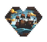 Cartoon Pirate Ship Print Building Brick Block Puzzle - Heart Shaped Picture Puzzles, Wooden Picture Jigsaw Puzzles