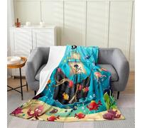Cartoon Pirate Ship Throw Blanket 40x50 Marine Adventure Fleece Blanket for Kids Underwater Ocean Fish Flannel Blanket All Season Cute Octopus Jellyfish Plush Blanket