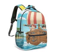 Cartoon Pirate Ship Treasure Map Kids Backpack, 40cm Adventure Rucksack with Pirate Hat Chest Print, School Bag Boys Girls (02)