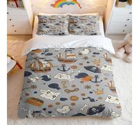 Cartoon Pirate Theme Duvet Cover Single Double King, Kids Treasure Map Bedding Set, 3Pcs Pirate Bedding with 2 Pillowcases, Boys Girls Bedroom Decor (Print 1,King + 50x75cm x2)