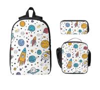 Cartoon Planet Backpack Set for Girls Boys with Lunch Bag Pencil Case Space Universe 3 Pieces School Bags Insulated Lunchbox Gifts for Women Men