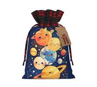 Cartoon Planet Gift Bag â€“ Festive Print Drawstring Bag, Perfect For Holidays, Birthdays, And Party Favors, Elegant Plaid Pattern With Kraft Paper Tag