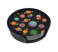 Cartoon Planet in Space Coaster Fun Cartoon Patterns Circular Leather Coasters with Brackets