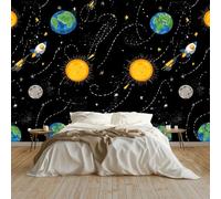 Cartoon Planet Moon Rocket Wall Mural Black 200 x 140 cm - Premium Non-Woven Large Photo Wallpaper for Teenage Boys Bedroom, Living Room, Office Feature Wall Decoration