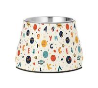 Cartoon Planets Alphabet White Bowls for Pets with Stand Stainless Steel Raised Cat Bowl for Loving Pet Whisker Relief