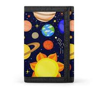 Cartoon Planets of the Solar System Cute Dark Blue Seamless Pattern Trifold Wallet, Stylish Purse With Keychain, Credit Pass Case Card-Holder for Crash Bills Receipts Women Men 5 x 3.3 x 0.2 Inch