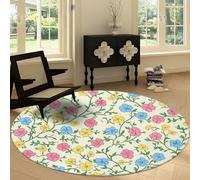 Cartoon Plants Flowers Vines Washable Round Carpet 100 cm, Japanese Style Bedroom Circular Non-slip Rug - Print Decor Short Pile Carpet Non-Shedding for Living Room Kitchen Office Playroom