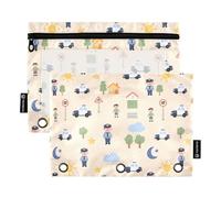 Cartoon Police Scene 2Pack Pencil Pouch Set for 3 Ring Binder Smooth Zipper with Clear PVC Window Pencil Case for School Supplies