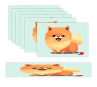 Cartoon Pomeranian Dog Placemats Set of 7 Exquisite Linen Table Mat Seven Piece Set Includes 13"x71" Fashion Table Runner and 12"x18" Place Mat Decor for Kitchen Dining Room