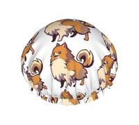 Cartoon Pomeranian Dog Printed Reusable Bathing Cap, Dual Layer Hair Cover For Long Thick Hair, 10.6in Headgear