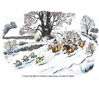 Cartoon Pony Christmas Card. Snow Ball Attack by Thelwell. Fun Vintage Image of Children on Ponies