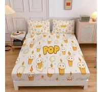 Cartoon Popcorn Fitted Sheet 180×200 Cm, Hotel Quality Cute Style Ultra Soft & Breathable Brushed Microfiber Deep Pocket 30 Cm, Cooling Fitted Sheet For Super King Bed (Beige)