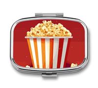Cartoon Popcorn Pill Box 2 Compartment, Portable Pill Case with Mirror for Pocket Purse Travel, Mini Metal Medicine Organizer for Vitamins Fish Oil