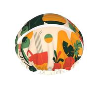 Cartoon potted turtle back bamboo One Size Shower cap with double layer waterproof fabric, suitable for bathing and skin care