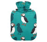 Cartoon Puffins Teal Hot Water Bottles with Soft Cover Feet and Bed Warmer Hot Water Bag for Neck and Shoulder Pain Relief