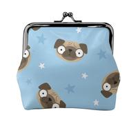 Cartoon Pug Dog Head and Stars Blue Background, PU Leather Coin Purse, Small Wallets, Change Pouch with Kiss Lock Clasp Buckle, Change Purse