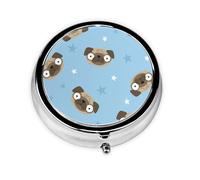 Cartoon Pug Dog Head and Stars Blue BackgroundMeta Pill Box 3 Compartment Medicine Case,Portable Organizer