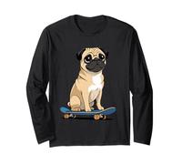 Cartoon Pug Dog Illustration on Skateboard Long Sleeve T-Shirt