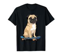Cartoon Pug Dog Illustration on Skateboard T-Shirt