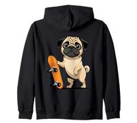 Cartoon Pug Holding Skateboard Dog Illustration Zip Hoodie