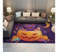 Cartoon Pumpkin Lantern and Bats Welcome Doormat Home Decor Low-Profile Rug Purple Non-slip Floor Doormat for Indoor Decoration 120x180cm