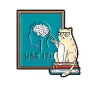 Cartoon Puss Teacher Character Brooch Pin with Spectacles Gesturing to Head for Intellectual Inspiration Accessory Fashion Accessory Pin