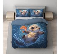 Cartoon Queen Duvet Cover Set With Super Soft Pillowcases, Cute Otter Fish Quilt Cover with Zipper Closure for Kids Girls Teens Adults, Royal Blue Bedding Set 230 x 230 cm