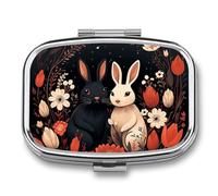 Cartoon Rabbit Couple Pill Box - 2 Compartment Travel Pill Organizer with Small Mirror, Portable Pillcase for Pocket & Purse, Cute Square Medicine Case, Weekly Medicine Container