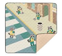 Cartoon Raccoon Clean Street Cute Foldable Baby Play Mat for Floor Water Resistant Playroom Activity Mat for Baby Toddler Infant, 50'' x 50''