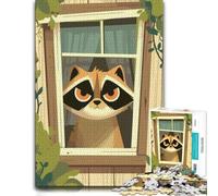 Cartoon Raccoon Looking Through Window Jigsaw Puzzle for Adults, 500 Pieces | Adult Jigsaw Puzzle: group puzzle activity, tabletop activity for adults.