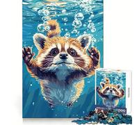 Cartoon Raccoon Swimming Underwater with Bubbles Jigsaw Puzzles for Adults 1000 Pieces Cognitive Workout Peaceful Fun No Rough Edges Festive Gift (38x26cm)