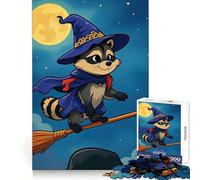 Cartoon Raccoon Witch Flying on Broom Jigsaw Puzzles 1000 Piece for Adults Thought Training Peaceful Escape Uniform Cut (50x75cm)