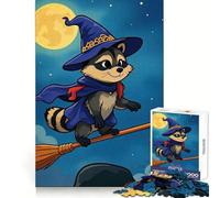 Cartoon Raccoon Witch Flying on Broom Puzzles for Teenagers 1000 Pieces Memory Power Mindful Escape Accurate Cut Memorable Gift (38x52cm)